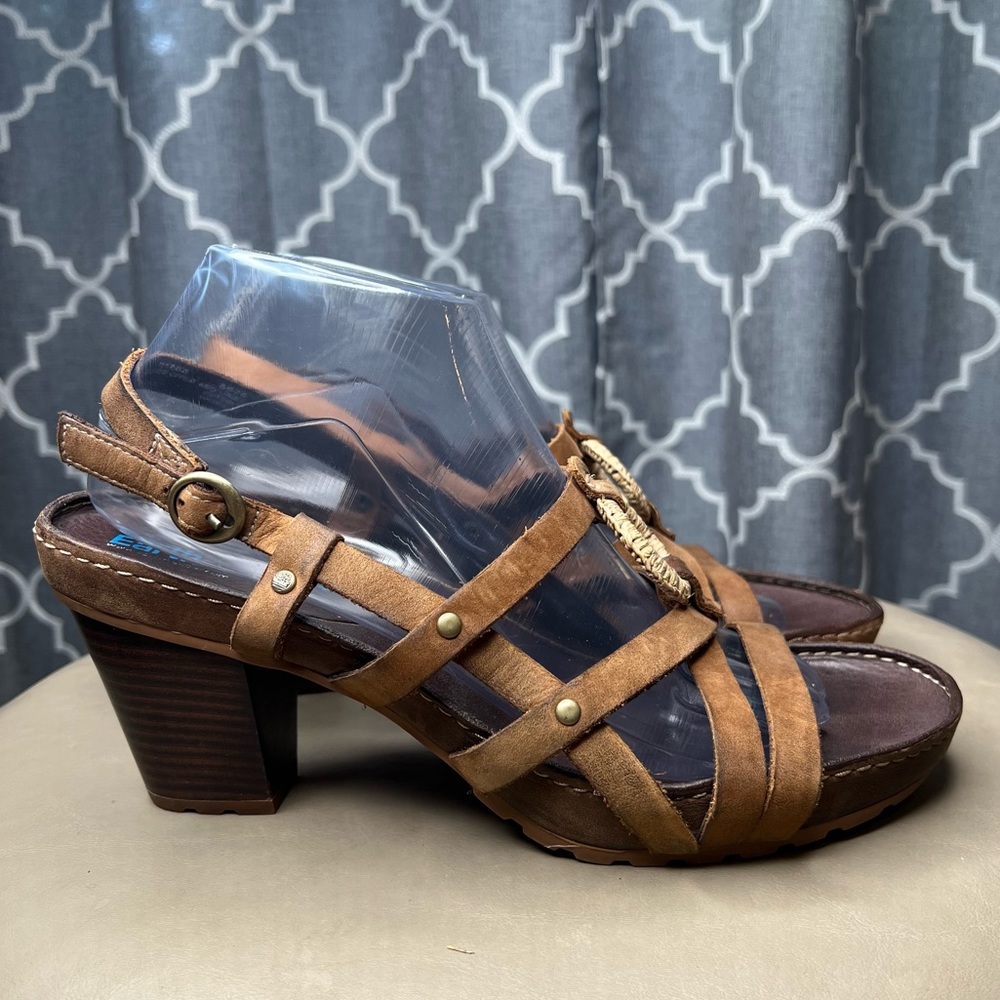 Timberland Earthkeepers Brown Distressed Leather Strappy 3'' Heel Sandals